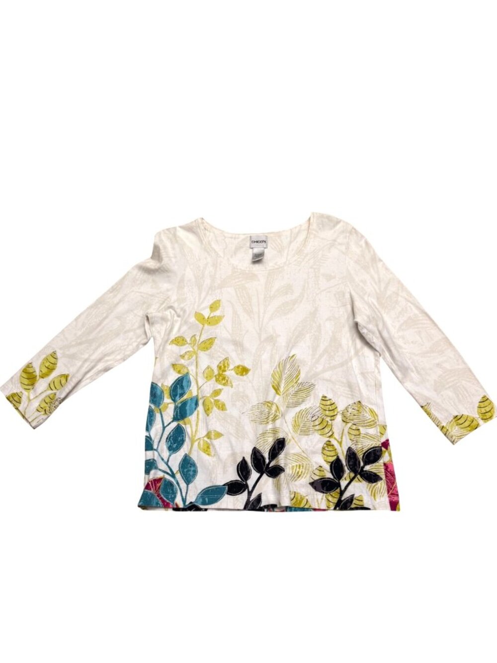 Chico's Women's T-Shirt Sz 1 Small Beige Botanical Leaf Print 3/4 Sleeve Stretch